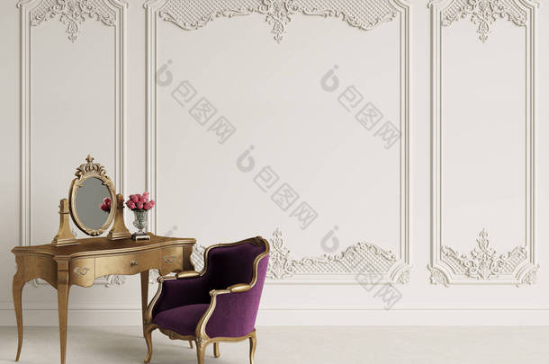 经典的家具在经典的内部与复制空间。白色墙壁与装饰和 ornated 檐口。数字插图. 3 d 渲染