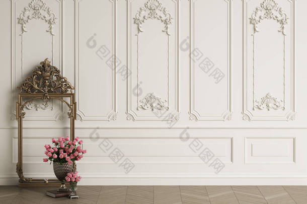 经典雕刻的镜框在经典的内部与复制空间。大花瓶, 地板上有粉红色的玫瑰。有造型的<strong>墙体</strong>。地板实木复合地板人字形。数字画报. 3d 渲染