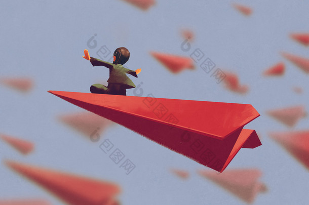 男人坐在红色的<strong>飞机</strong>在天空中的纸上