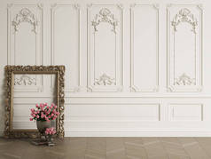 经典雕刻的镜框在经典的内部与复制空间。大花瓶, 地板上有粉红色的玫瑰。有造型的墙体。地板实木复合地板人字形。数字画报. 3d 渲染