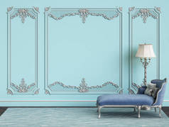 古典室内的蓝色和银色经典家具 