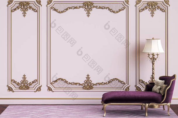 经典的<strong>家具</strong>在经典的内部与复制空间。粉红色的墙壁