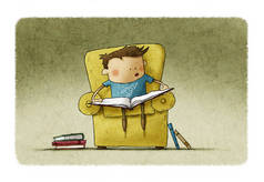 小男孩在学习阅读的年龄。 一个男孩坐在扶手椅上，手里拿着一本打开的书，.