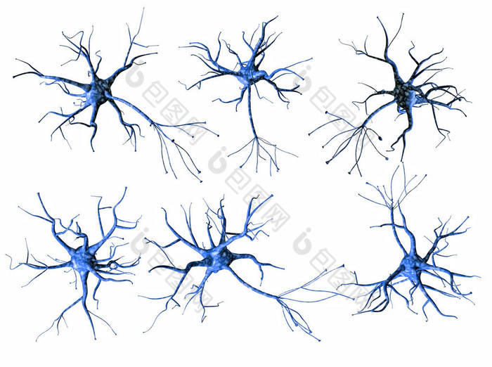 一组不同的蓝色神经元在白色背景上分离。3d r