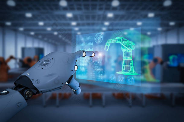 3d 渲染机器人机械手在工厂的自动化技术概念