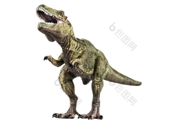 Agressive 霸王龙恐龙塑料玩具, 在白色背景下隔离.