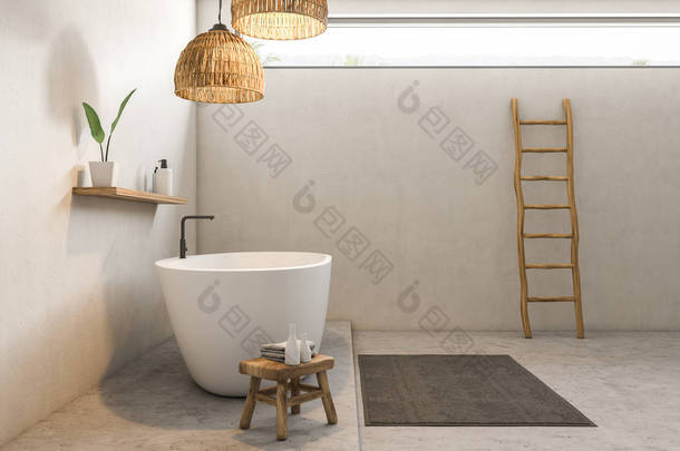 侧景的现代浴室内部与白色墙壁, 水泥地板, 白色浴缸与<strong>货架</strong>上的洗发水和梯子附近的墙壁。3d 渲染