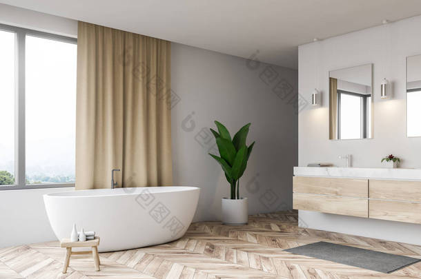 现代化的浴室角落设有<strong>白色墙壁</strong>、木地板、带米色窗帘的窗户、<strong>白色</strong>浴缸和双水槽。3d 渲染