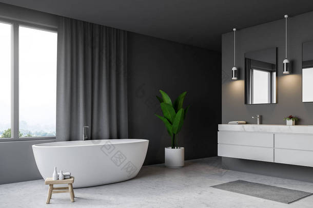 现代化的浴室<strong>角落</strong>, 有灰色的墙壁, 混凝土地板, 窗户与灰色窗帘, 白色浴缸和双水槽。3d 渲染