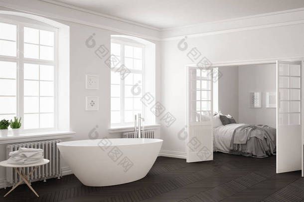 极简主义斯堪的纳维亚白色和灰色浴室和卧室中 
