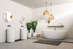 白色的浴室角落与混凝土地板, 白色浴缸, 两个白色的圆形水槽与圆镜以上。3d 渲染