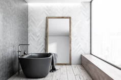 现代浴室的内部有白色的木墙和水泥墙, 木地板, 全景窗户与城市景观, 黑色浴缸和镜子的地板上。3d 渲染