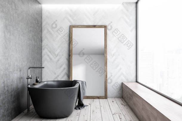 现代浴室的内部有白色的木墙和水泥墙, 木<strong>地</strong>板, 全景窗户与城市景观, 黑色浴缸和镜子的<strong>地</strong>板上。3d 渲染