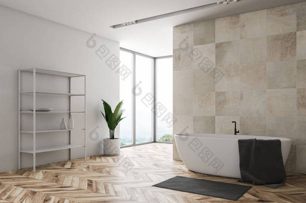 阁楼浴室的角落, 白色和米色瓷砖墙, 木地板, 大窗户, 浴缸与灰色毛巾, 它和白色货架与洗发水。3d 渲染
