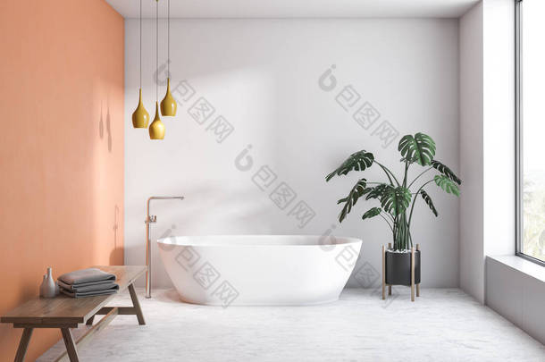 现代浴室内设有<strong>白色</strong>和橙色墙壁、水泥地板、<strong>白色</strong>浴缸以及带毛巾和乳霜的长凳。3d <strong>渲染</strong>