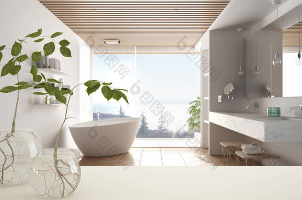 白色台面或架子，玻璃花瓶，水栽，装饰品，水栽，花瓶枝，室内植物，背景浴室，室内设计