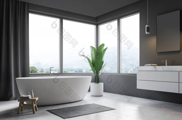 现代化的浴室角落, 灰色墙壁, 水泥地板, 窗户与灰色窗帘, 白色浴缸和水槽。3d 渲染