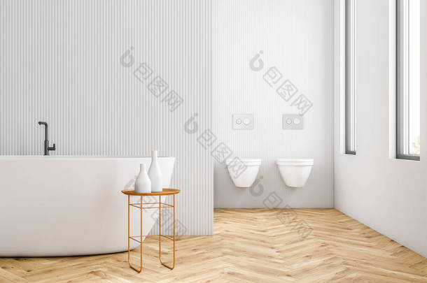 现代浴室内设有白色<strong>墙壁</strong>、木地板、阁楼窗户、白色浴缸和两个卫生间。3d 渲染