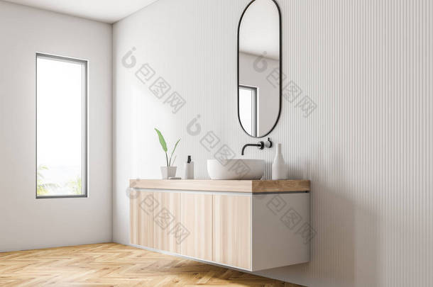 现代浴室的角落, 有白色的墙壁, 木地板, 白色的<strong>水槽</strong>站在木制的台面上, 上面挂着一面狭窄的镜子。3d 渲染