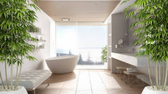 禅室内与盆栽竹植物，自然室内设计理念，简约豪华浴室与浴缸，淋浴和窗户，当代现代建筑理念理念