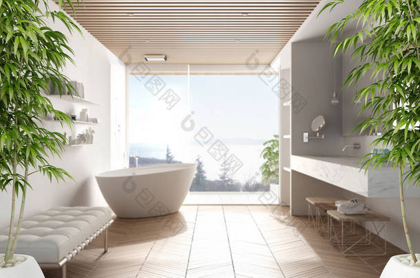 禅室内与<strong>盆栽</strong>竹植物，自然室内设计理念，简约豪华浴室与浴缸，淋浴和窗户，当代现代建筑理念理念