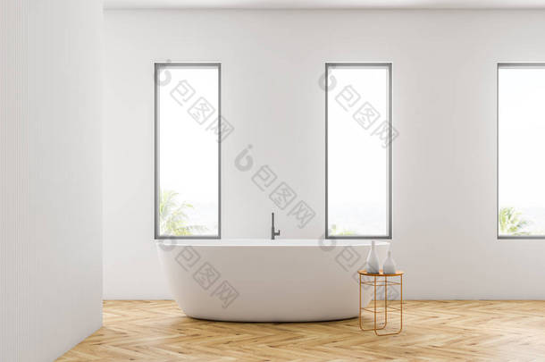<strong>现代浴室</strong>的内部与白色墙壁, 木地板, 阁楼窗户和白色浴缸站在椅子旁边的洗发水。3d 渲染