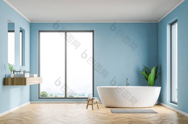 阁楼浴室内有蓝色墙壁, 木地板, 白色浴缸和两个垂直的镜子双水槽侧面视图。3d 渲染
