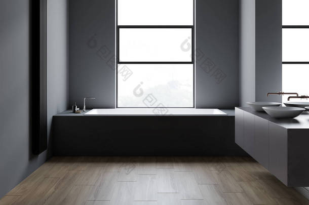 阁楼深灰色浴室、双<strong>水槽</strong>和浴缸