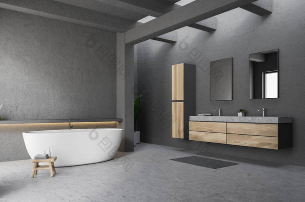 现代化浴室的角落, 有灰色的墙壁和地板, 白色浴缸和大理石双水槽站在木制台面上。3d 渲染