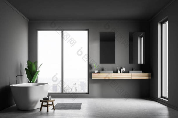 阁楼浴室内有灰色墙壁, <strong>混凝土</strong>地板, 白色浴缸和双水槽两个垂直镜子。3d 渲染