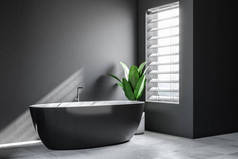 简约浴室角落, 灰色的墙壁, 瓷砖白色地板, 和一个黑色的浴缸与盆栽植物站在附近。斯堪的纳维亚风格。3d 渲染模拟