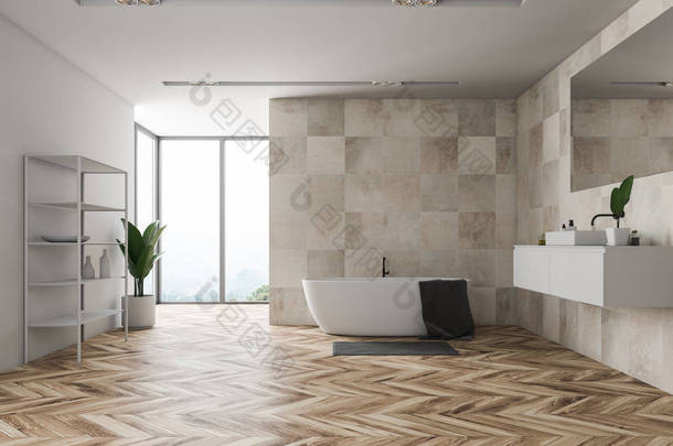 浴室内部有米色瓷砖墙、大窗户、木地板、白色浴缸、白色水槽和白色搁板。3d 渲染