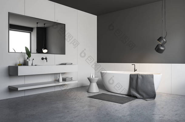 时尚浴室的角落, 有白色和灰色的墙壁, 水泥地板, 白色浴缸, 旁边有白色的椅子, 白色水槽与水平的镜子。3d 渲染