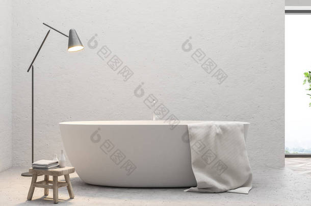 在简约浴室的水泥<strong>地</strong>板上挂上一条毛巾的白色浴缸。3d 渲染模拟