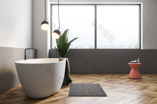 简约的浴室内饰, 白色和灰色的墙壁, 木地板, 大窗户, 白色浴缸与灰色毛巾在它和粉红色的椅子。盆花。3d 渲染