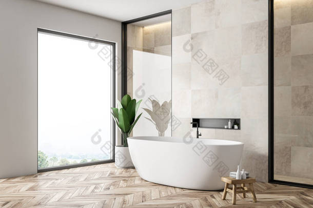 现代化的浴室角落设有白色瓷砖墙壁、木地板、白色浴缸和阁楼窗户。3d 渲染