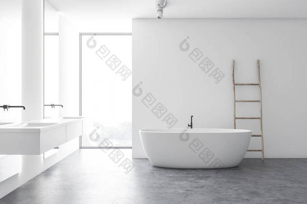 现代白色浴室，带有浴缸和双水槽
