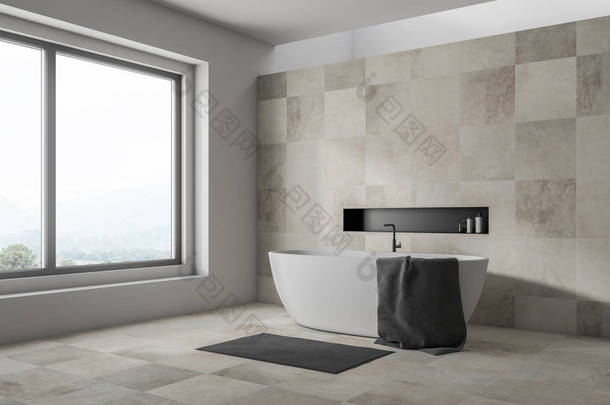 时尚浴室的角落, 有白色和米色的瓷砖墙, 大窗户, 白色浴缸, 上面有灰色毛巾和灰色地毯。3d 渲染