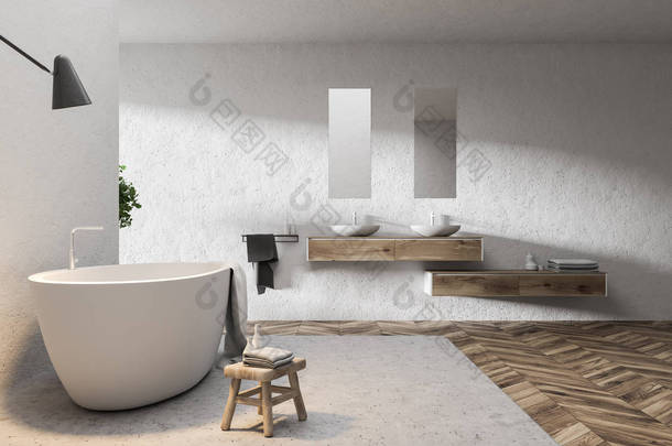 双<strong>洗漱</strong>池白色浴室内饰与木地板, 在它的地毯和墙边的白色浴缸。3d 渲染模拟
