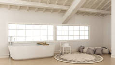 斯堪的纳维亚的白色浴室，阁楼简约的室内设计