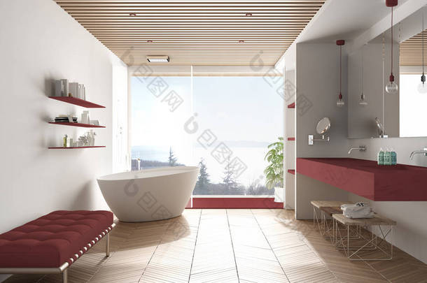 豪华现代白色和红色浴室，带镶木地板和木制镶木地板，大海全景大全景窗，浴缸，淋浴和双<strong>水槽</strong>，室内设计，简约建筑