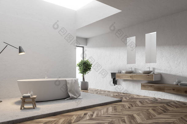 双<strong>水槽</strong>白色浴室角落里有一层木地板, 上面有一块毯子, 墙边有一个白色的浴缸。3d 渲染模拟