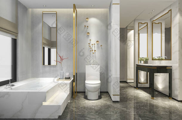 3d. 渲染豪华现代设计浴室和<strong>卫生间</strong>