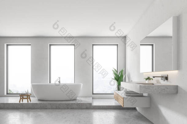 白色墙壁浴室内部有混凝土地板, 阁楼窗户, 白色浴缸和水槽。3d 渲染模拟