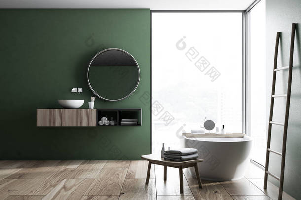 现代绿色墙壁浴室内有木地板, 阁楼窗口, 梯子, 白色<strong>水槽</strong>和浴缸。Spa, 酒店和豪华房地产。3d 渲染模拟
