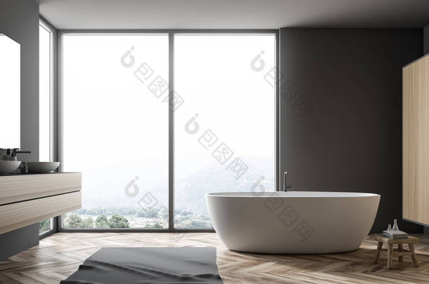 时尚的灰色浴室内饰与木<strong>地</strong>板, 灰色<strong>地</strong>毯, 窗口与热带景观, 大浴缸, 和水槽与垂直镜子。3d 渲染复制空间