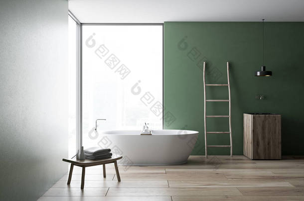 现代绿色墙壁浴室内有木地板, 阁楼窗口, 梯子, 木<strong>水槽</strong>和浴缸。Spa, 酒店和豪华房地产。3d 渲染模拟