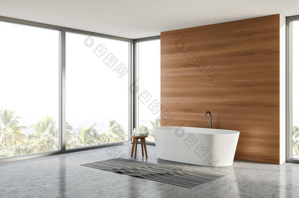 带有木制墙壁、混凝土地面和舒适的白色浴缸的时尚浴室角落，站在窗户之间，景色优美。3d渲染