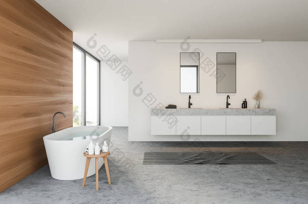 现代浴室侧视图，白色和木制墙壁，<strong>混凝土</strong>地面，舒适的浴缸和石制双水池，有两个镜子。3d渲染