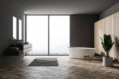 时尚的灰色浴室内饰与木地板, 灰色地毯, 窗口与森林景观, 木墙, 大浴缸, 双水槽与垂直镜子和盆栽植物。3d 渲染复制空间